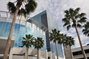 Picture of glass building with palm trees