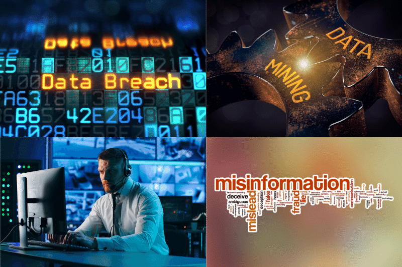 The 4 potential privacy risks of social media - data breach, data mining, surveillance, and misinformation.