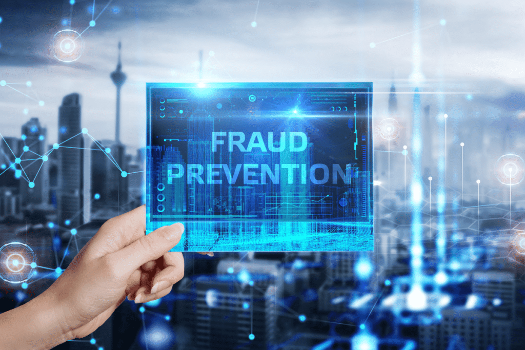 Image of a hand holding up a blue digital sign with the text 'Fraud Prevention' to highlight how to prevent workers' comp fraud.
